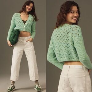 Anthropologie / Open-Stitch Mini Cardigan Sweater in Green